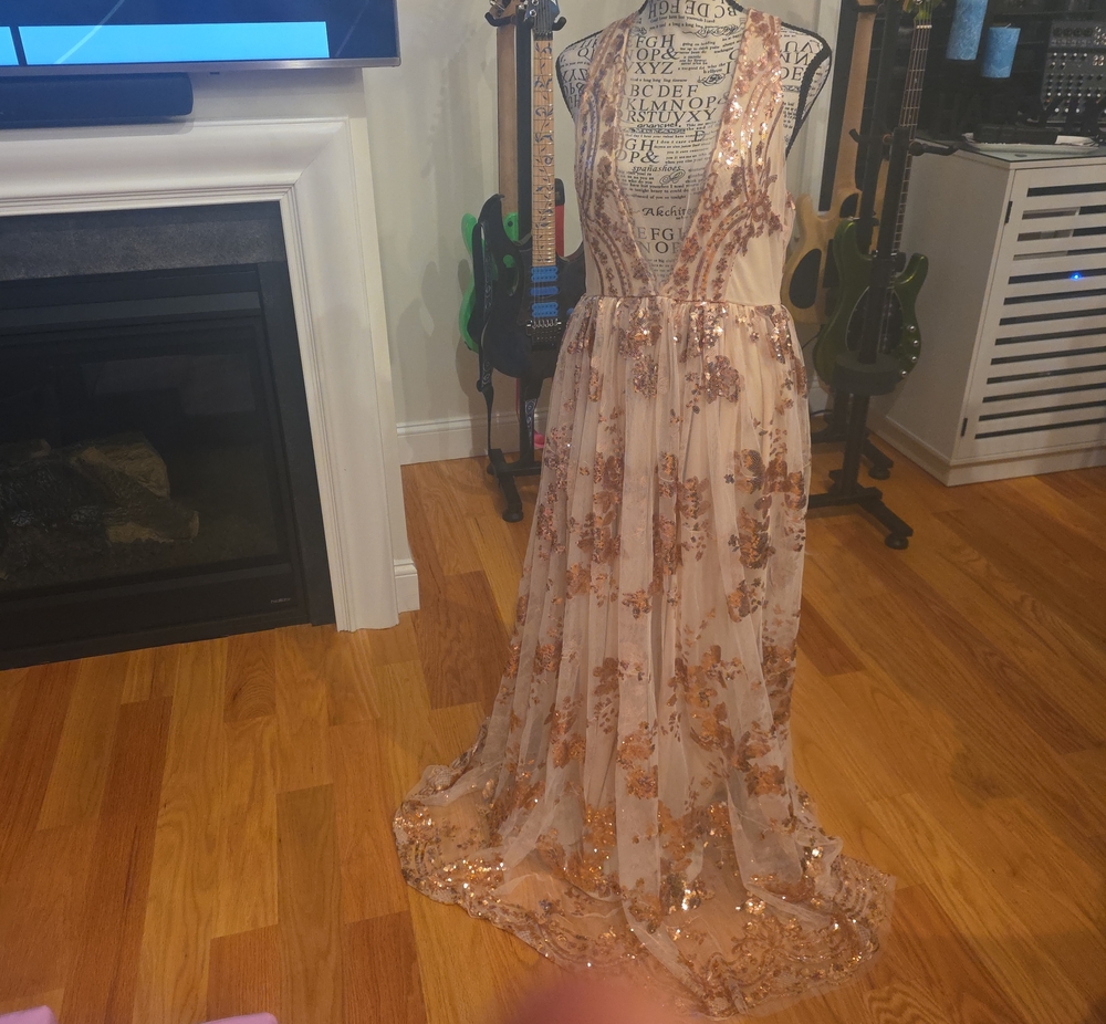 Deep V-neck Blush Sequin Floral Gown